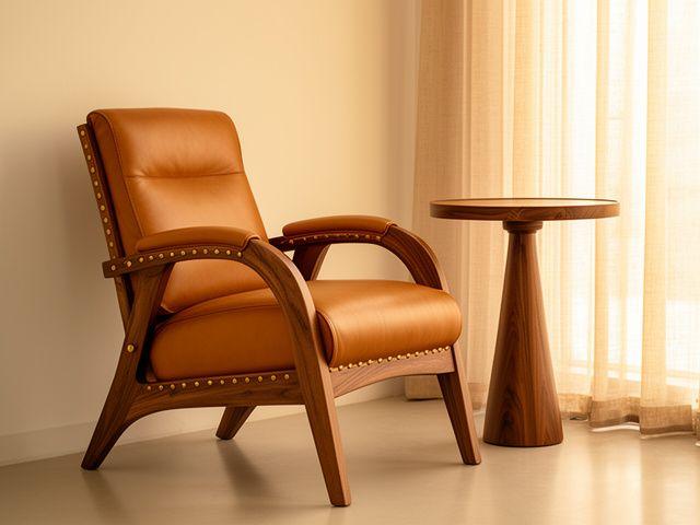 Tan leather lounge armchair with walnut frame and brass detailing