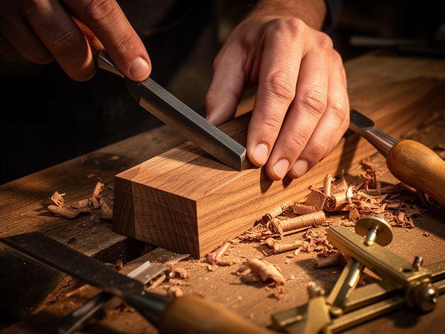 A craftsman smoothing a walnut tenon on the workshop bench