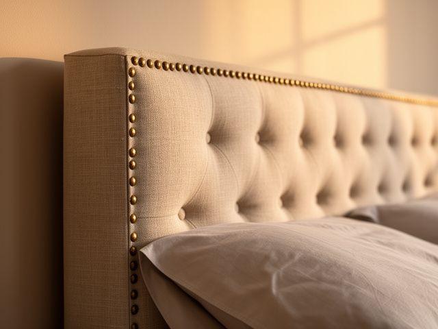Detail of an upholstered linen tufted headboard