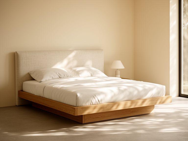 Low platform oak bed frame with upholstered linen headboard