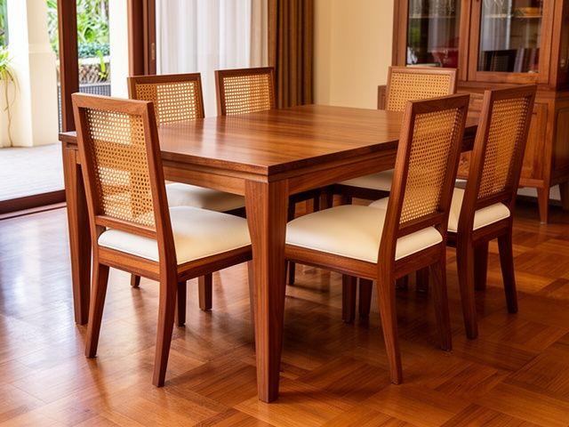 Walnut dining chairs with cane rattan backs around a custom table