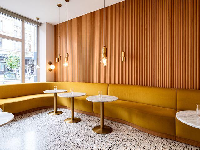 Cafe interior with custom banquette seating