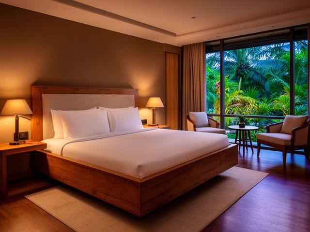 Boutique hotel suite with bespoke bed frame and armchairs