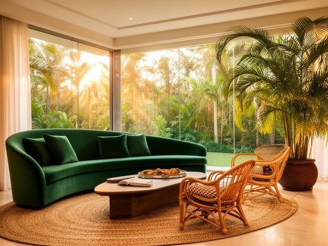 Custom living room with curved emerald sofa and rattan armchairs