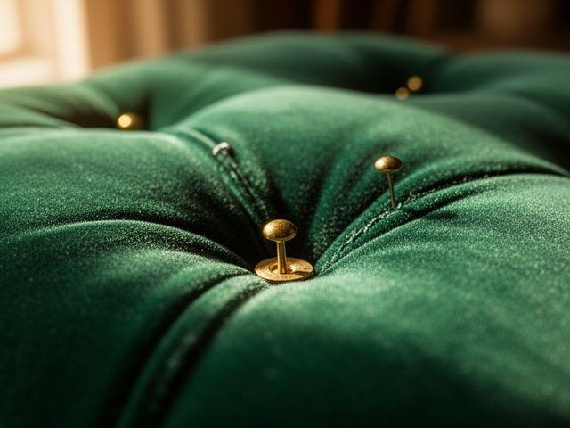 Close-up of hand-stitched button tufting on velvet