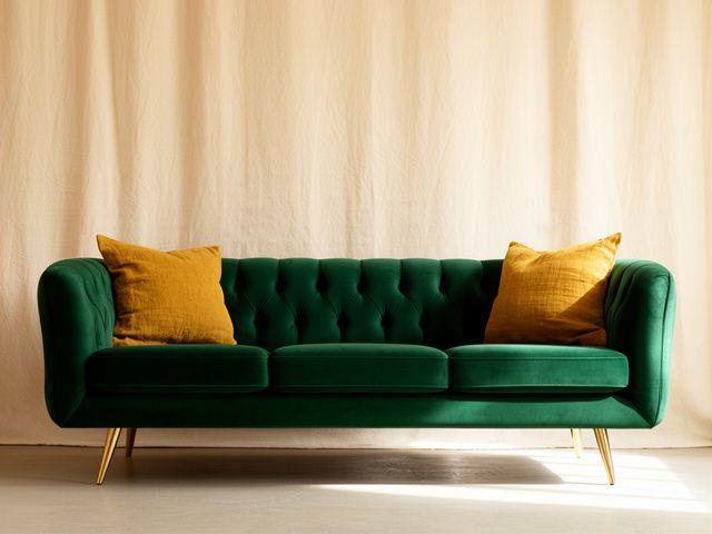 Emerald velvet button-tufted custom sofa with brass legs