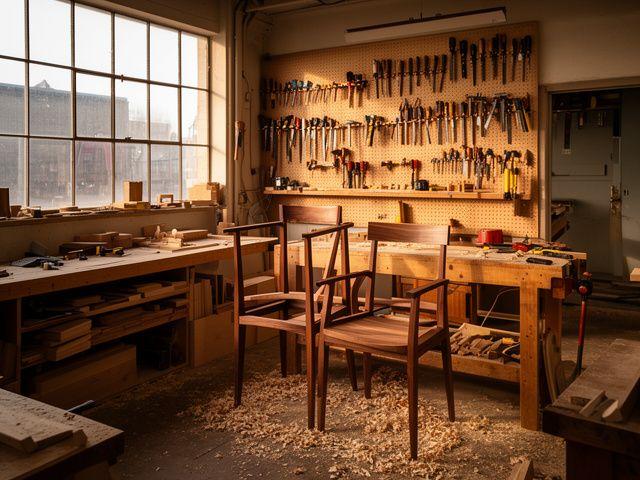 Interior of the Zestplex Bespoke workshop showing tools and a partially built chair frame