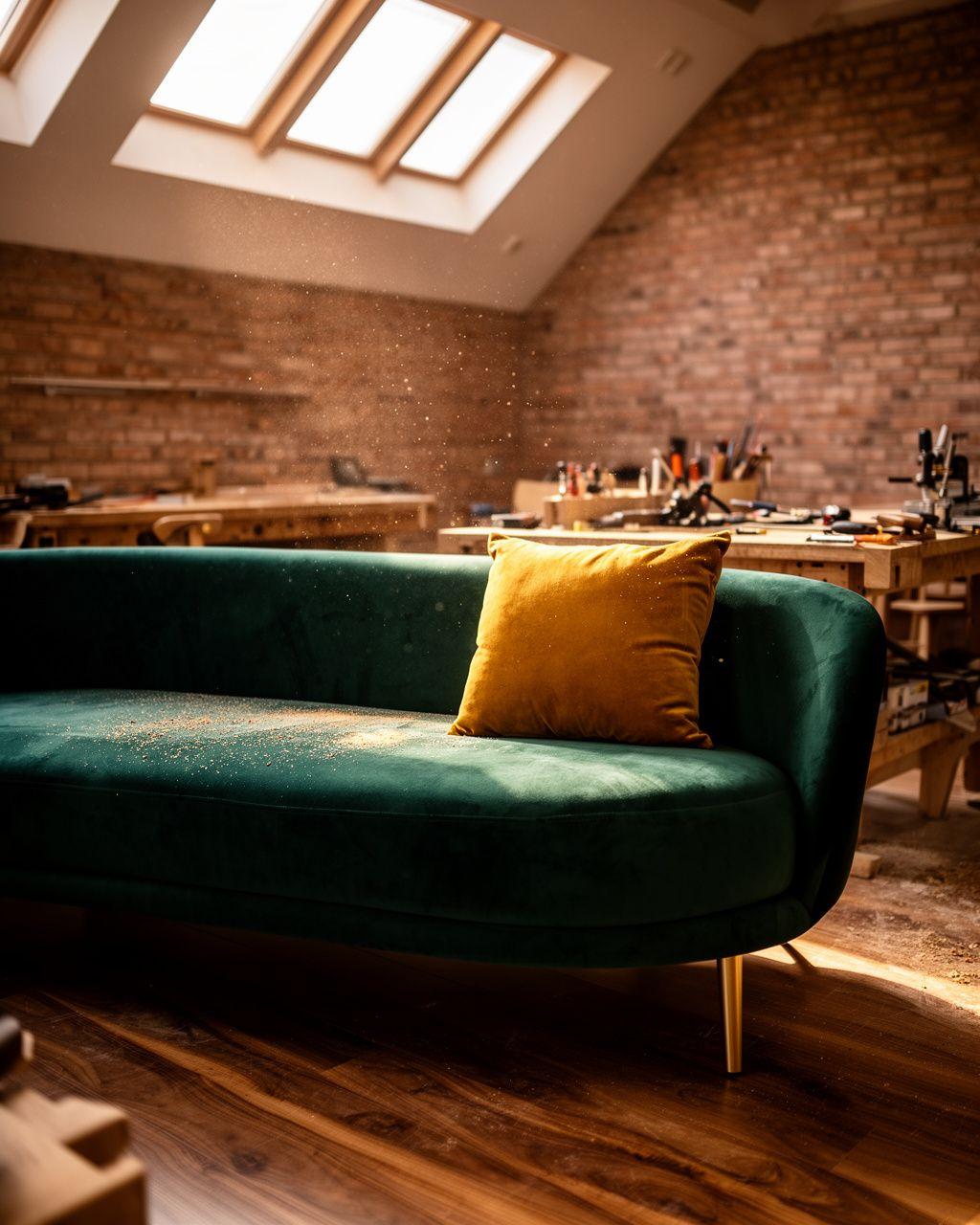 Craftsperson finishing a deep emerald velvet sofa in the Zestplex workshop